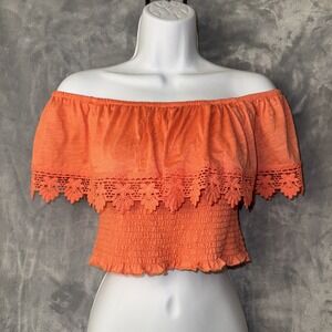 Rue 21 Crop Top Women's Size Small Orange Smock Off-Shoulder Lace Trim‎ Boho